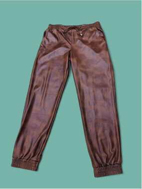 OO LA LA Brown Faux Leather Jogger Pants Medium Boutique Drawstring Tapered